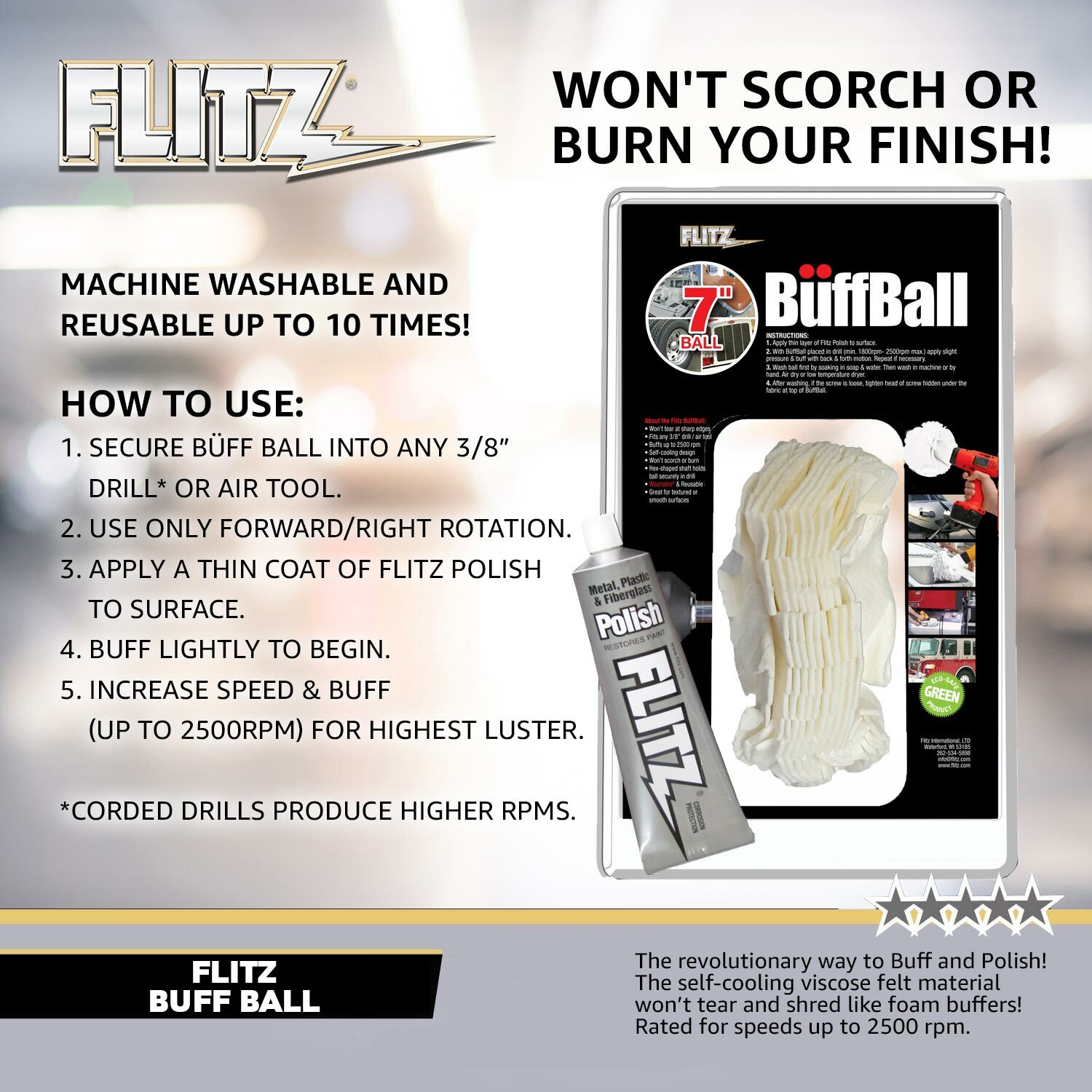 FLITZ EXTRA LARGE 7" BUFF BALL w/1.76oz Metal, Plastic & Fiberglass Polish