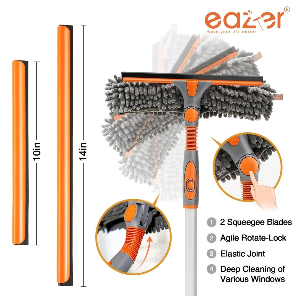 Eazer 65'' Squeegee Window Cleaner 2 in 1 Rotatable 65in, Orange