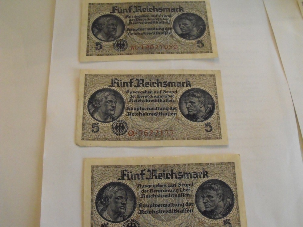 (6) German 5 Reichsmarks currency