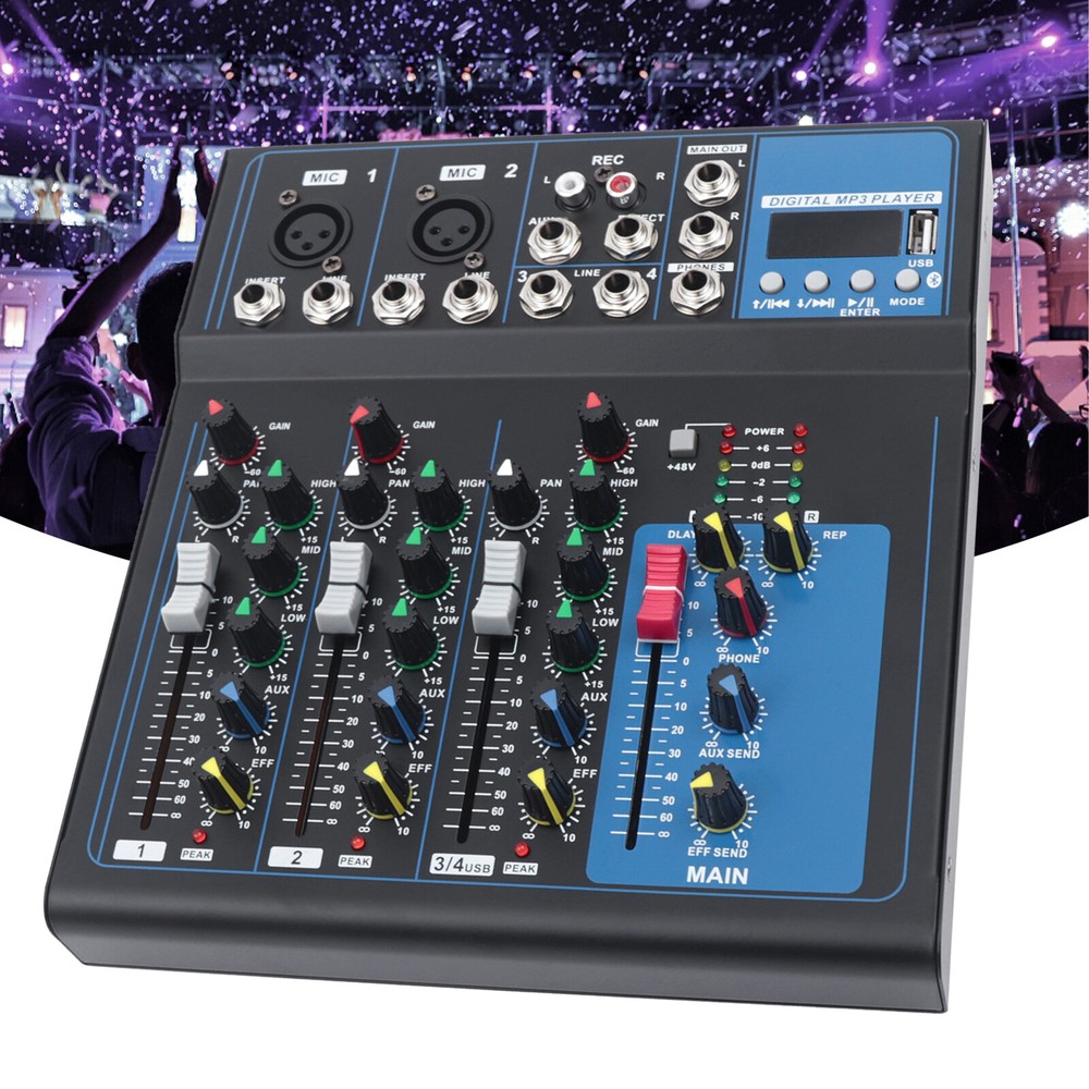 Mini Audio Mixer 4Channel Bluetooth USB DJ Sound Mixing Console Amplifier Studio