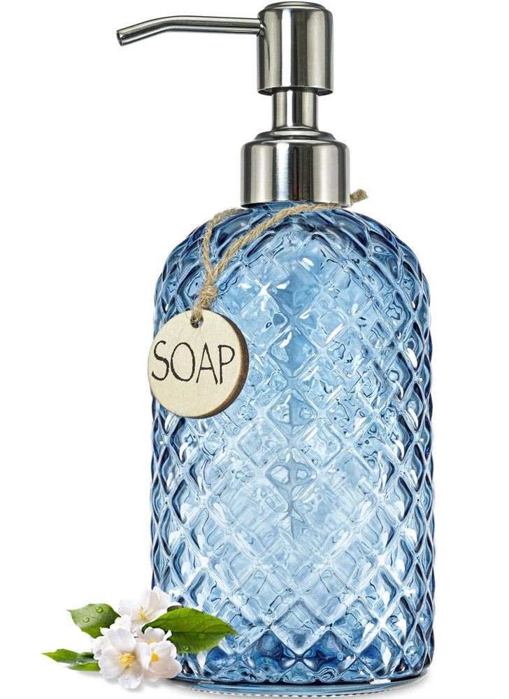 18Oz Gem Patterned Glass Soap Dispenser for Kitchen and Bathroom, Refillable ...