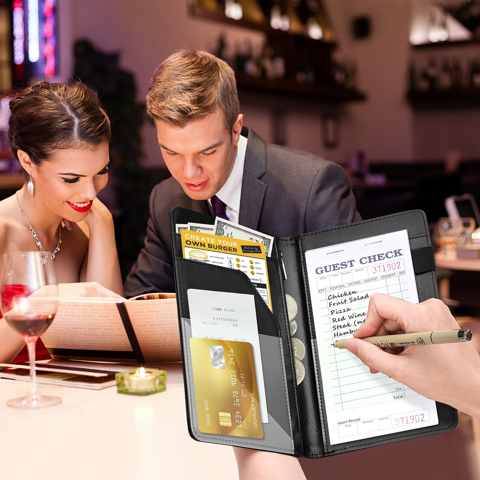 Black Server Books For Waitress/Waiter Book with Zipper Money Pocket,Cute Wai...