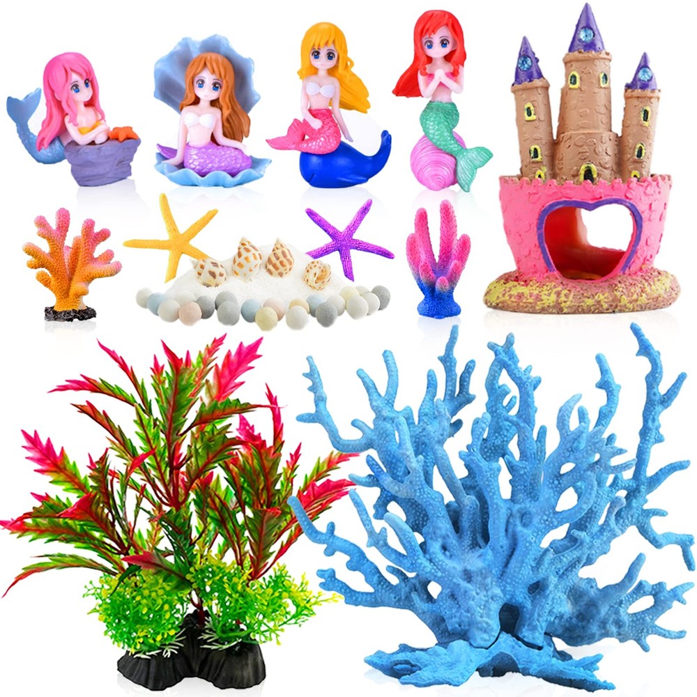 Kooterfun Mermaid's Castle Fish Tank Decorations-28pack Include Pink