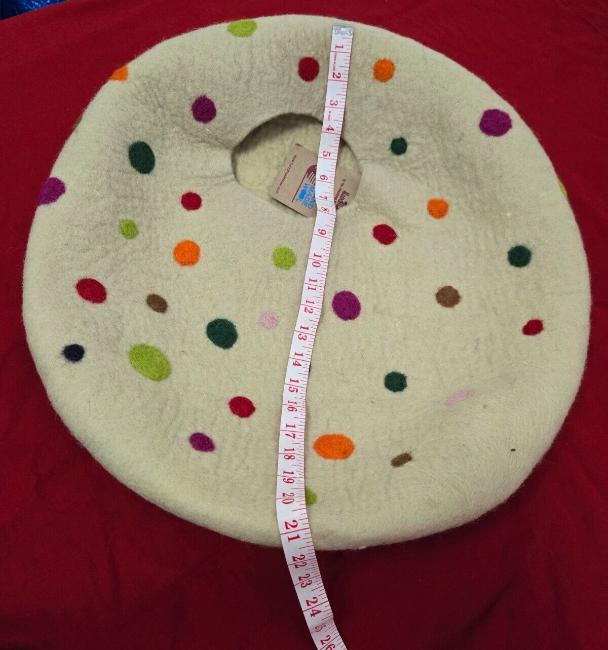 Hand Made in Nepal Felted Wool Cat Cave Light Beige w/ Multicolor Polka Dots