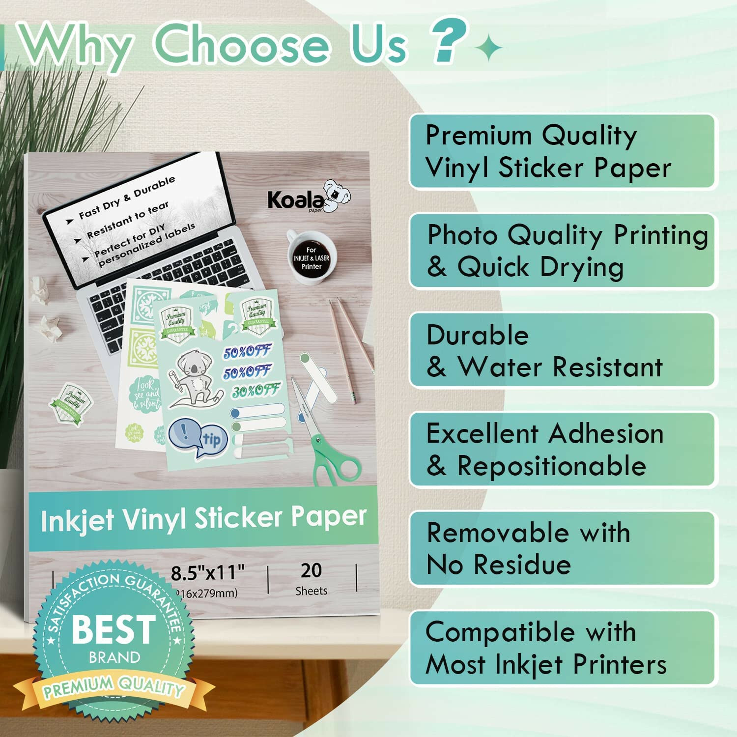 100 PK Koala Printable Vinyl Sticker Paper Waterproof Matte White Inkjet Cricut