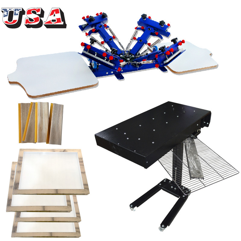 4 Color 2 Station Screen Printing Kit Adjustable Press Machine with Flash Dryer