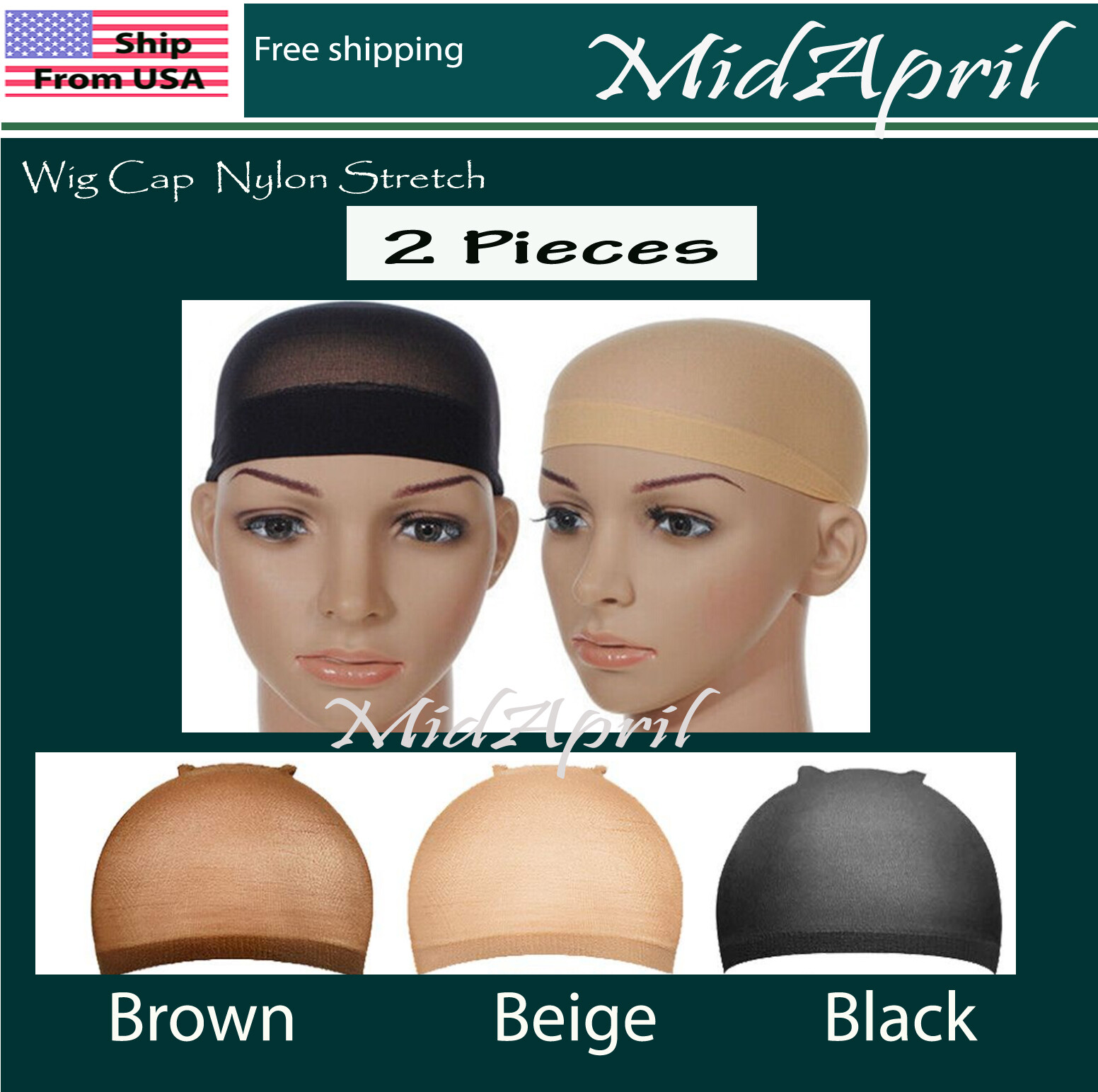 2 PCS Wig Cap Liner  Stocking Cap  Nylon Stretch Black brown Beige
