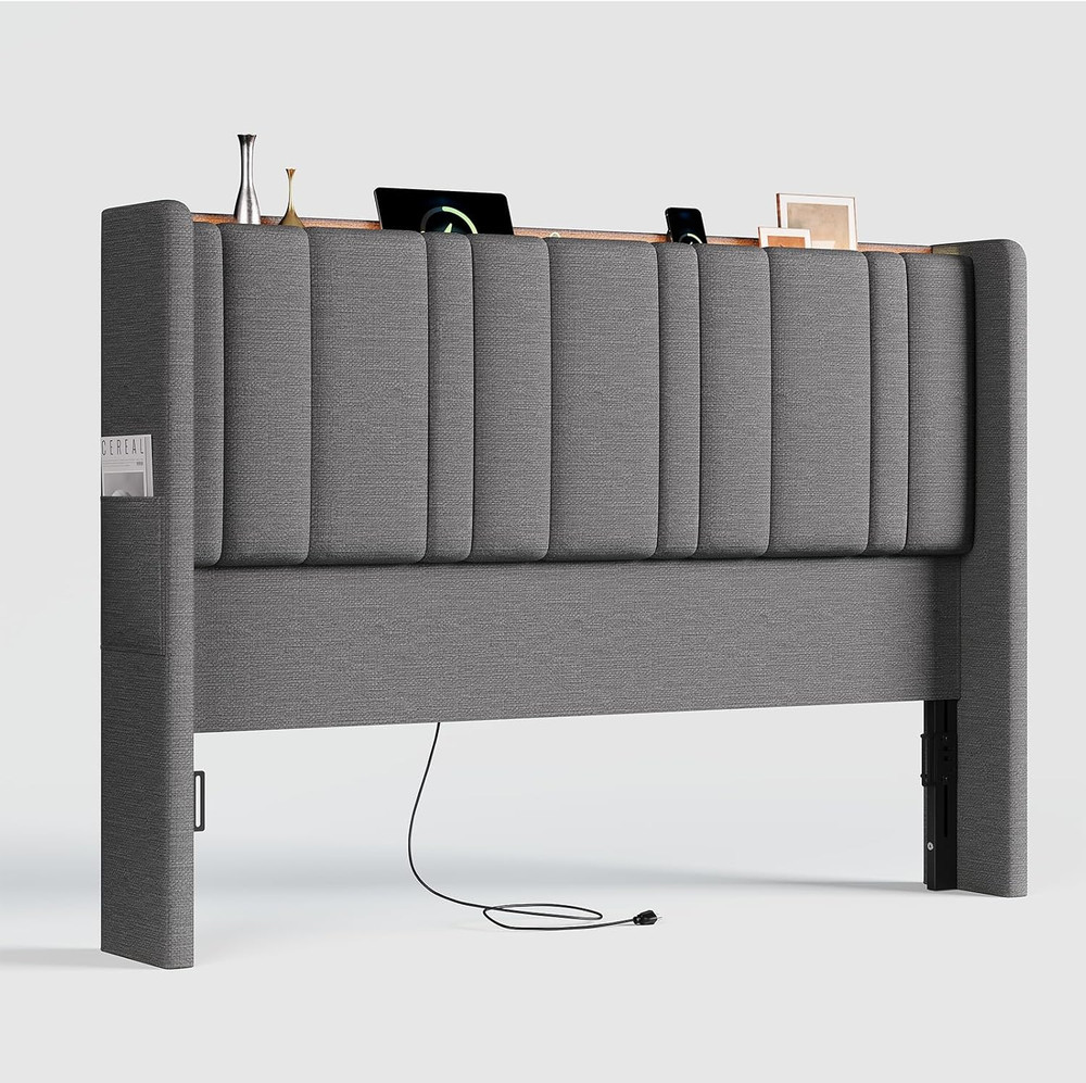 Queen Size Headboard with Storage, LED Light, Linen Vertical Wingback Headboard