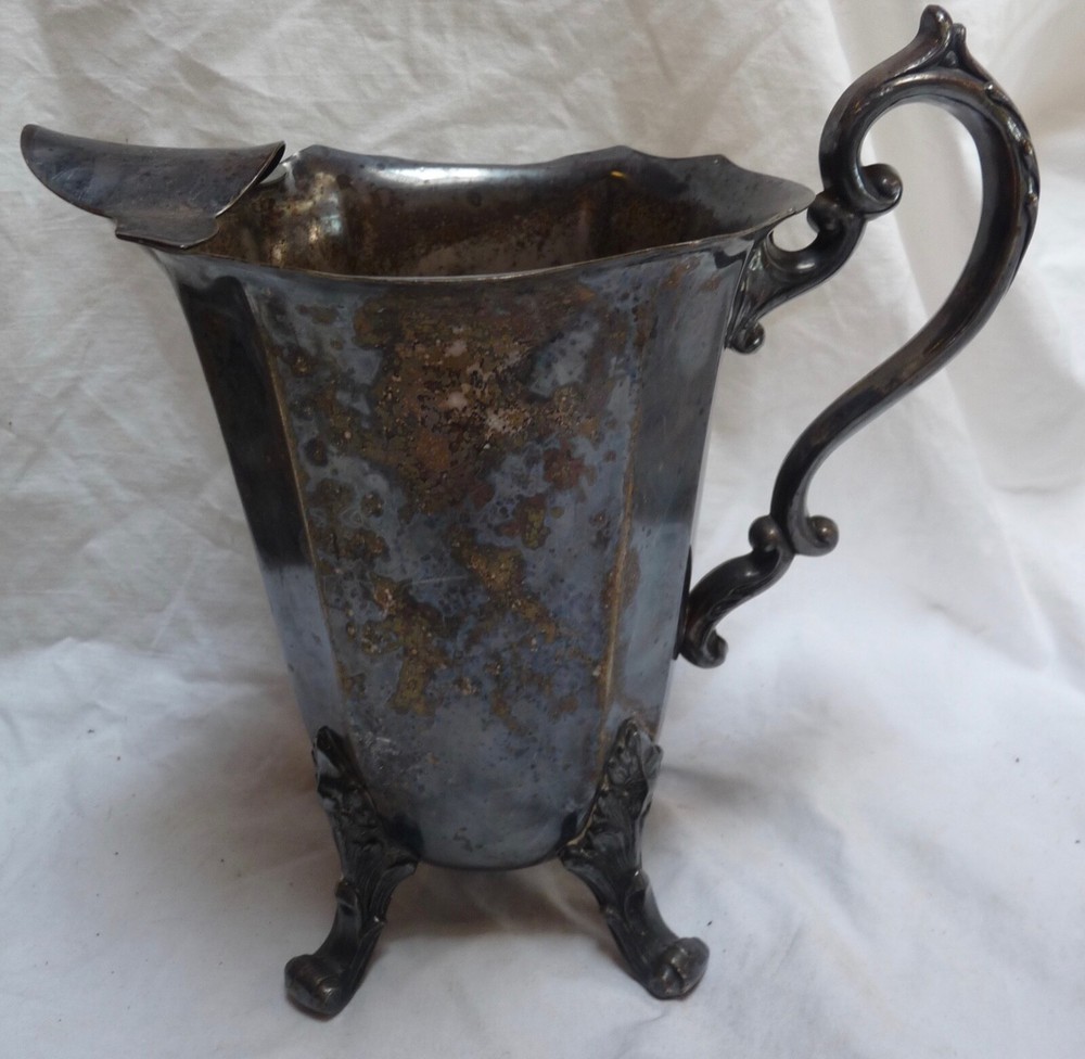 Silver On Copper Water Pitcher with Ice Lip & Claw Feet 8"