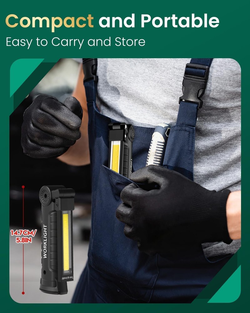 2 Pack Magnetic Base LED COB Work Light Rechargeable Mechanic Torch Flashlight