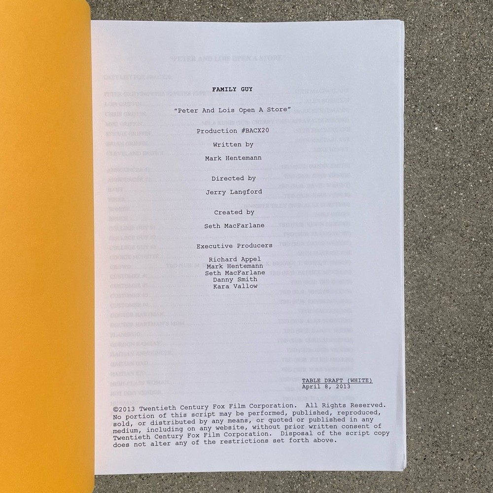 Family Guy 2013 Peter Lois Open A Store aka Baking Bad Used Table Draft Script
