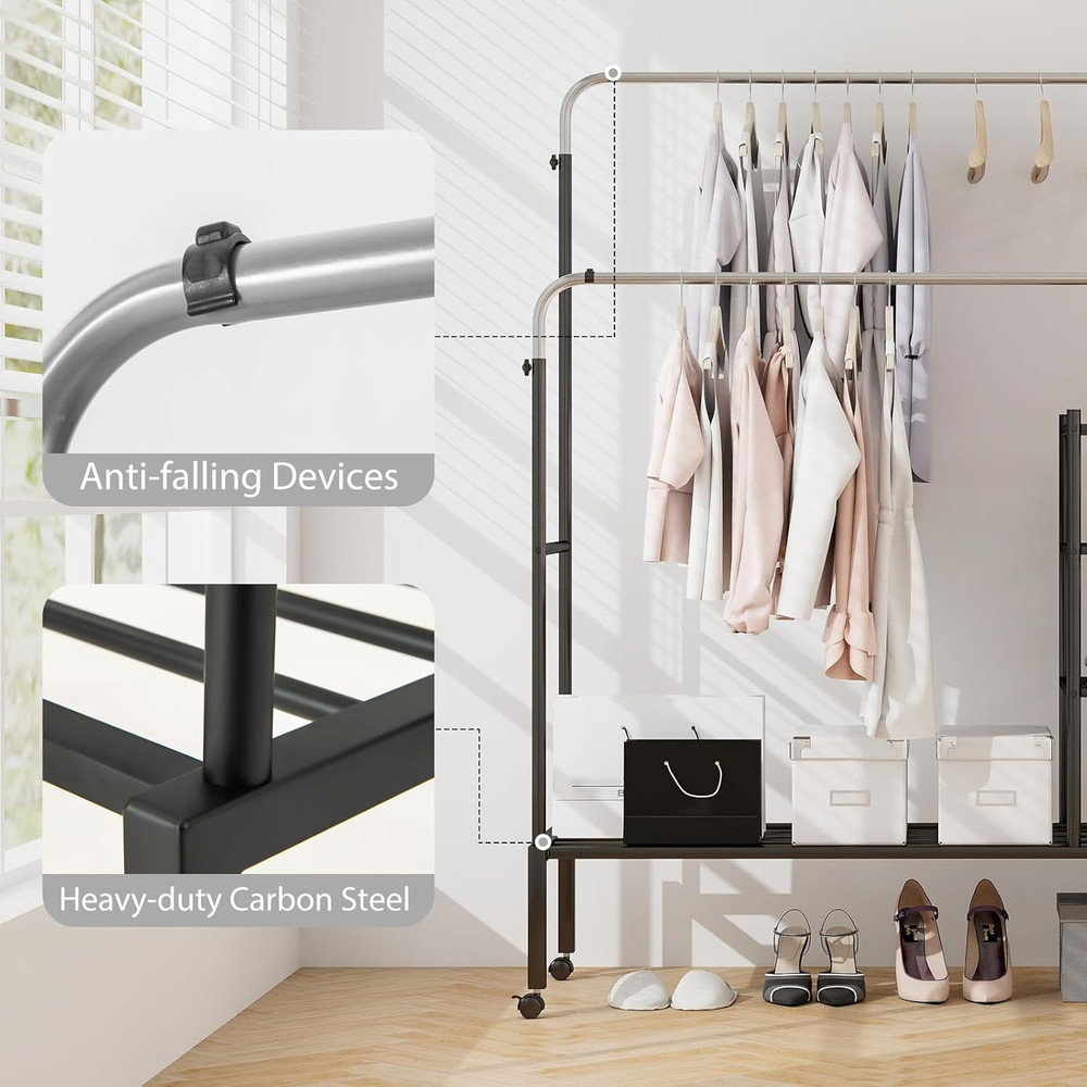 Sturdy Adjustable Rolling Garment Rack with Lockable Wheels & Shelves