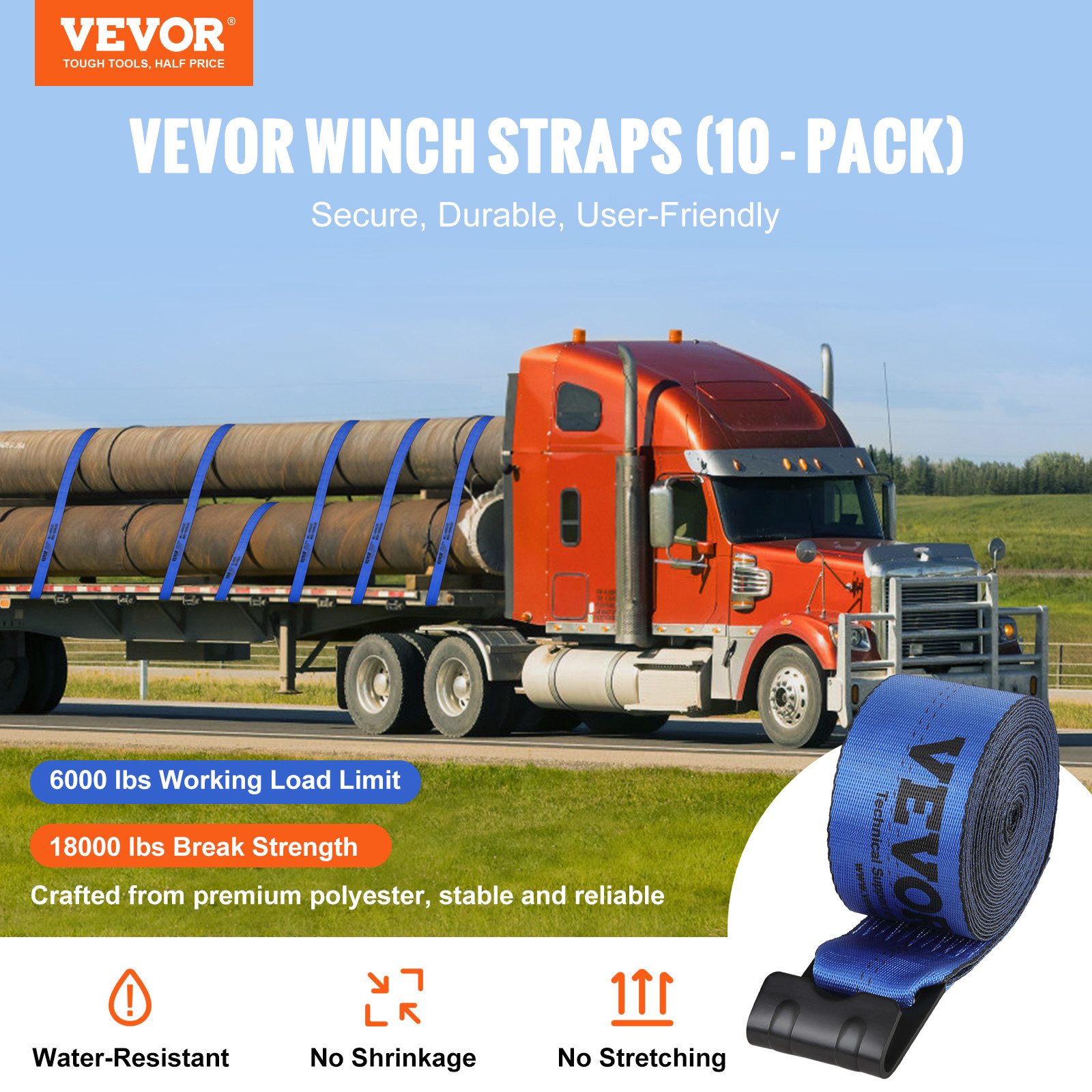 VEVOR Truck Straps Winch Straps 4" x 30' with Flat Hook for Towing 10 Pack Blue
