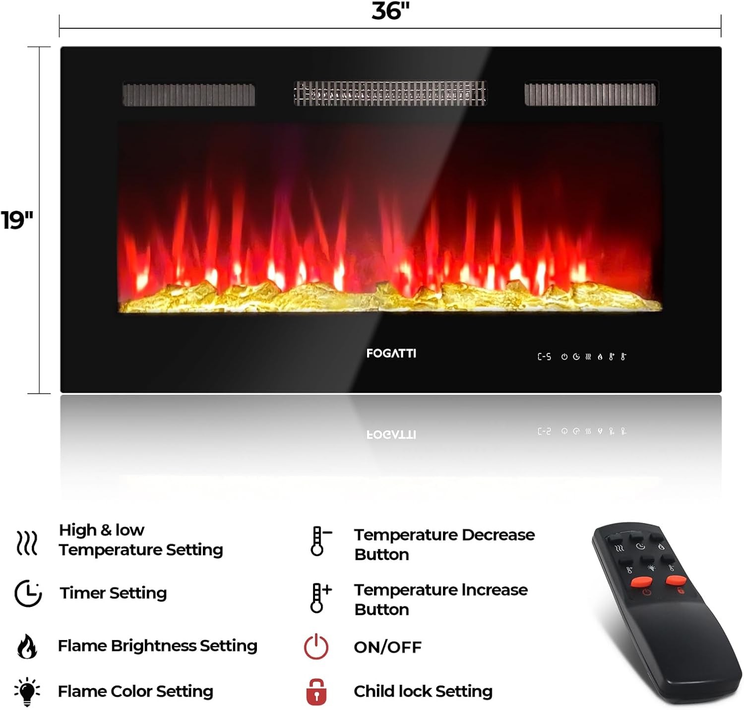 36" Electric Fireplace Heater RV 7 Colors- Wall Mount, Recessed, Insert TV Stand