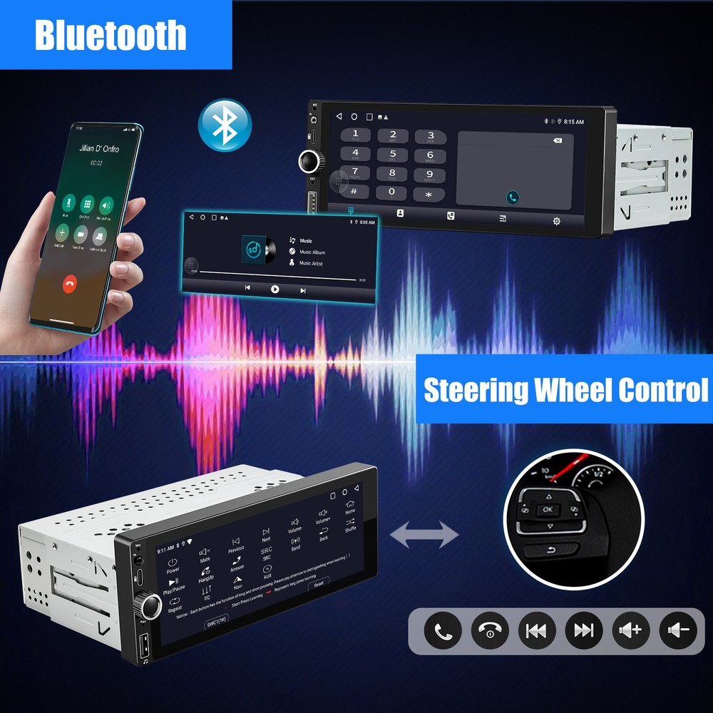 Single 1 Din 4+64G Android 14 Car Stereo IPS Touch Screen GPS USB Bluetooth AUX