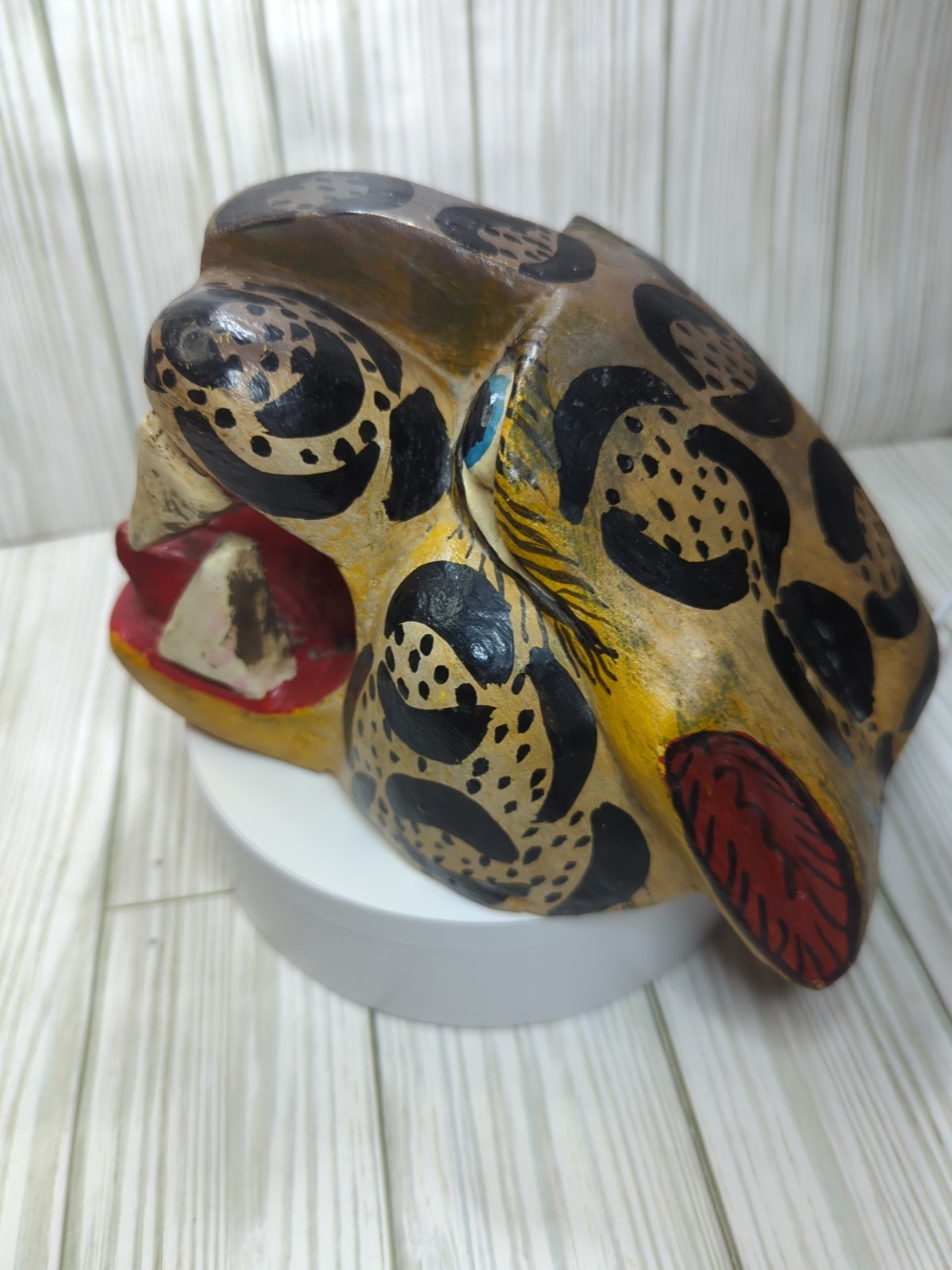 Mexican Nahua Folk Art Guerrero Carved Wood Cat Jaguar Animal Head