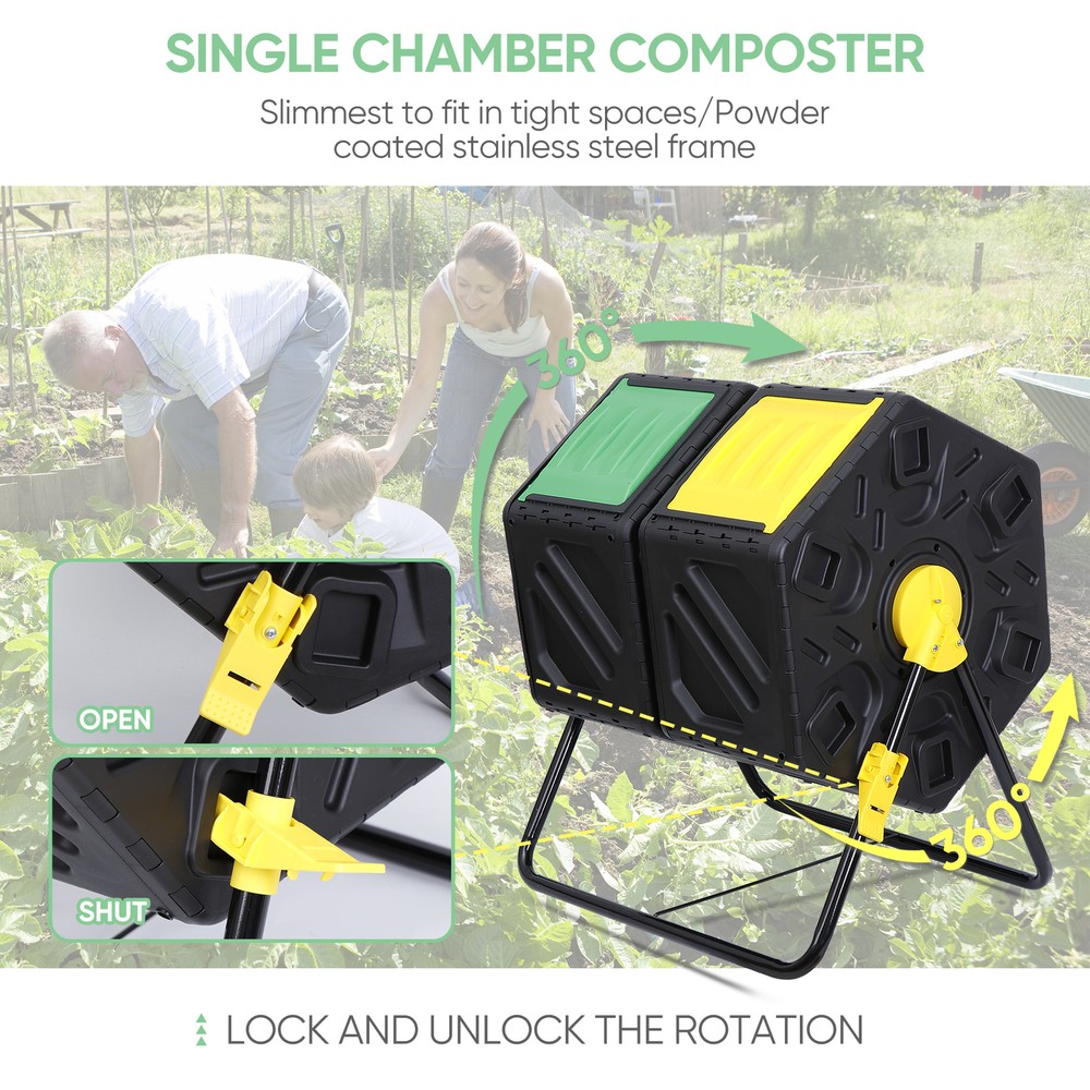 37 Gal Double Compost Bins Rotating Tumbling Composter Remixing Container, Black