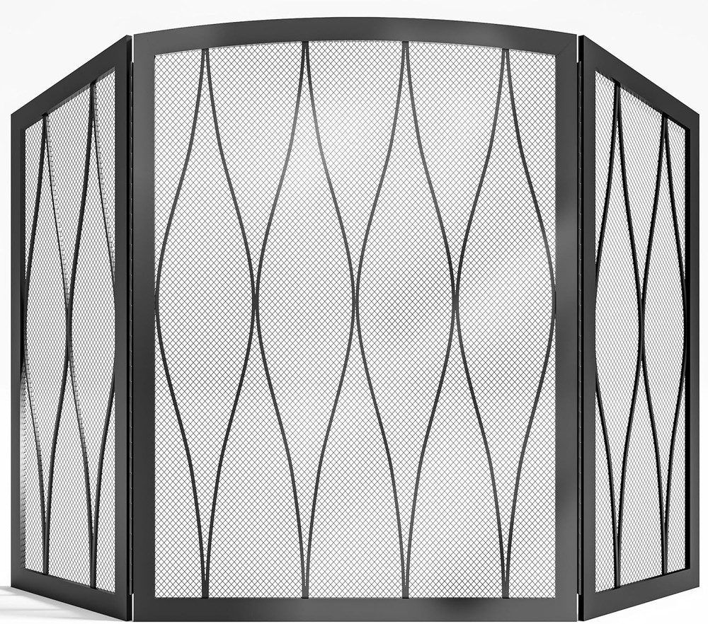 Childproof Fireplace Screen 3- Panel Modern Handcrafted Wrought Iron Foldable