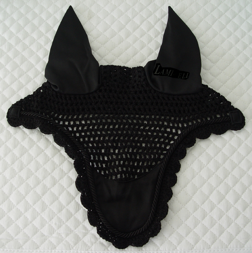 Lami-Cell Basic Fly Veil, Crochet Fly Bonnet with Coolmax Ears (Full Size) BLACK