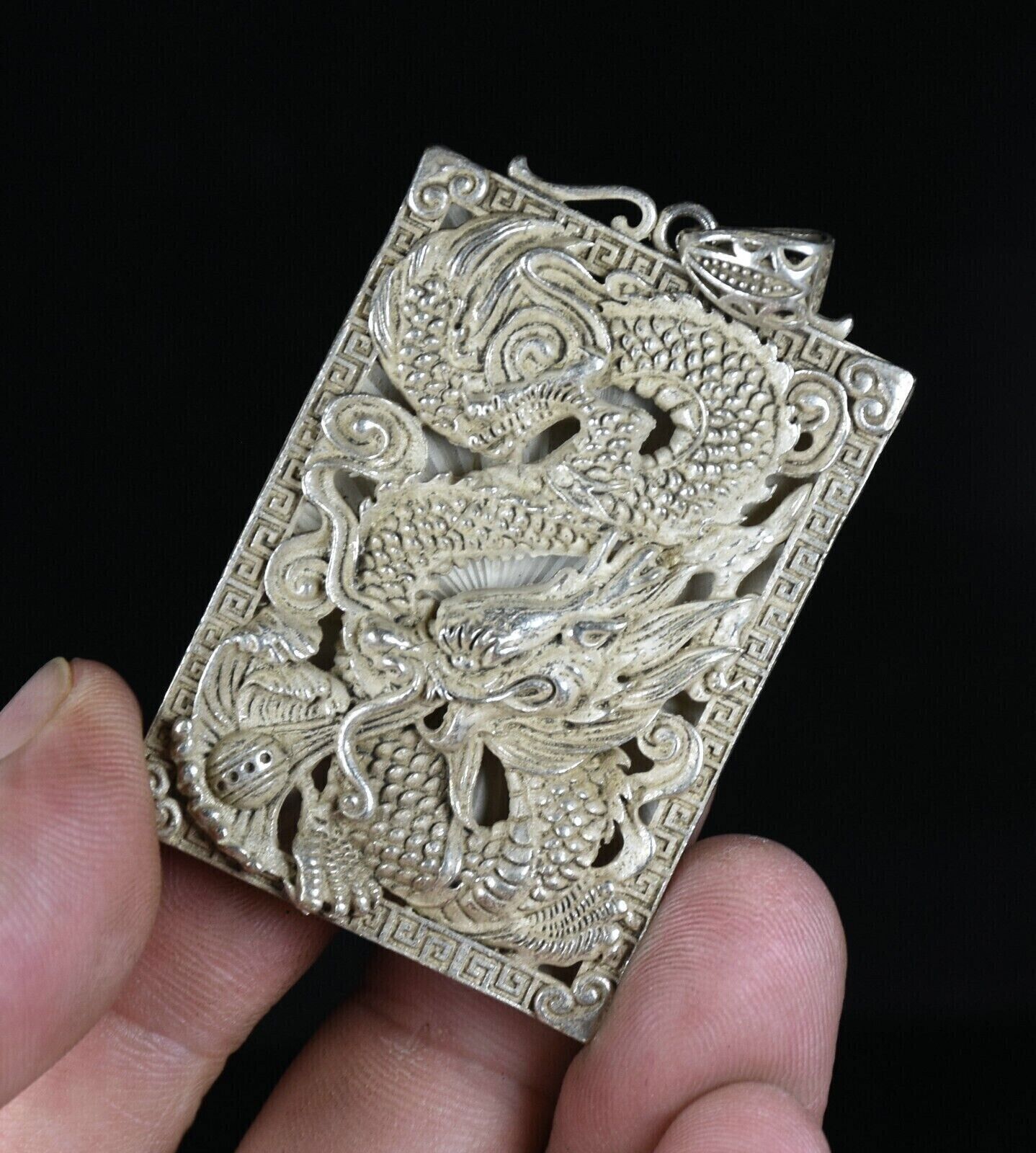 5.5CM Rare Old Chinese Miao Silver Feng Shui Dragon Loong Luck Necklace Pendant