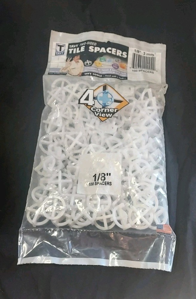 Tavy Basix Two-Sided Tile Spacers 1/8" 3mm 100 White 4 Corner View Spacers