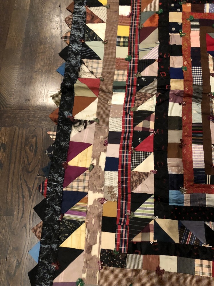 Antique Silk Crazy Quilt With Triangular Border