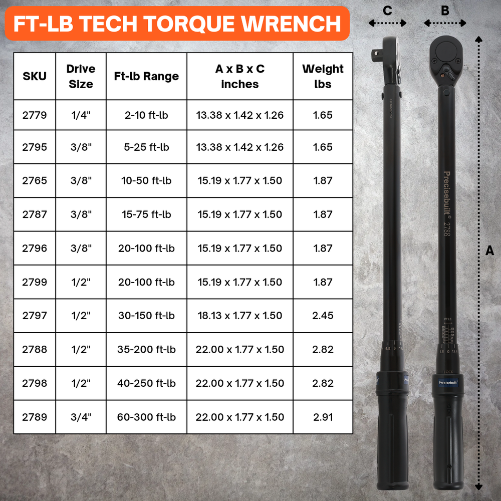 Precisebuilt 3/8" Drive 20-100 ft-lb Click Tech Torque Wrench
