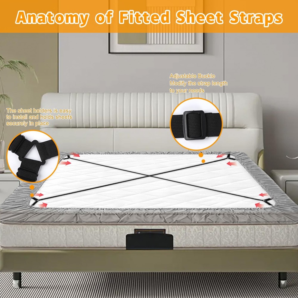 Bed Sheet Straps, 4Pcs Elastic Adjustable Bed Sheet Holder Straps, Fitted She...