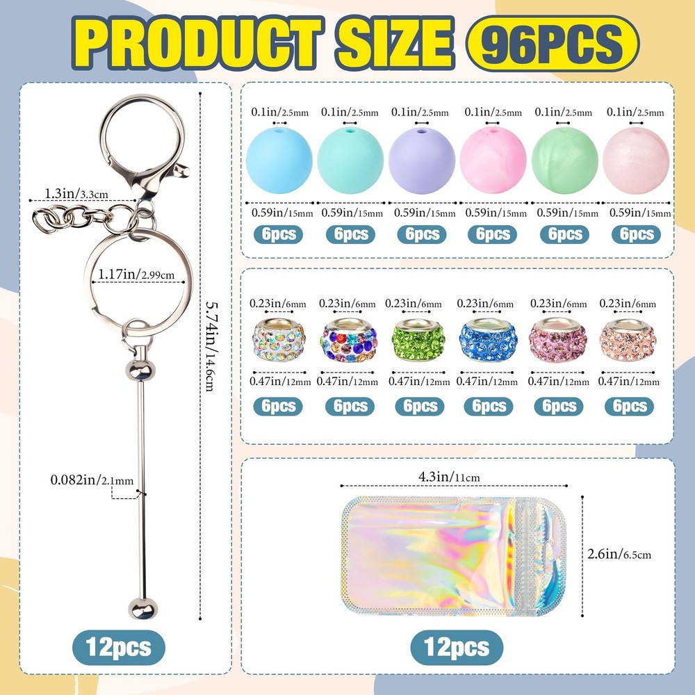 96pcs Beadable Keychains Set Bulk for Keychain Making Kit with Beadable Keych...