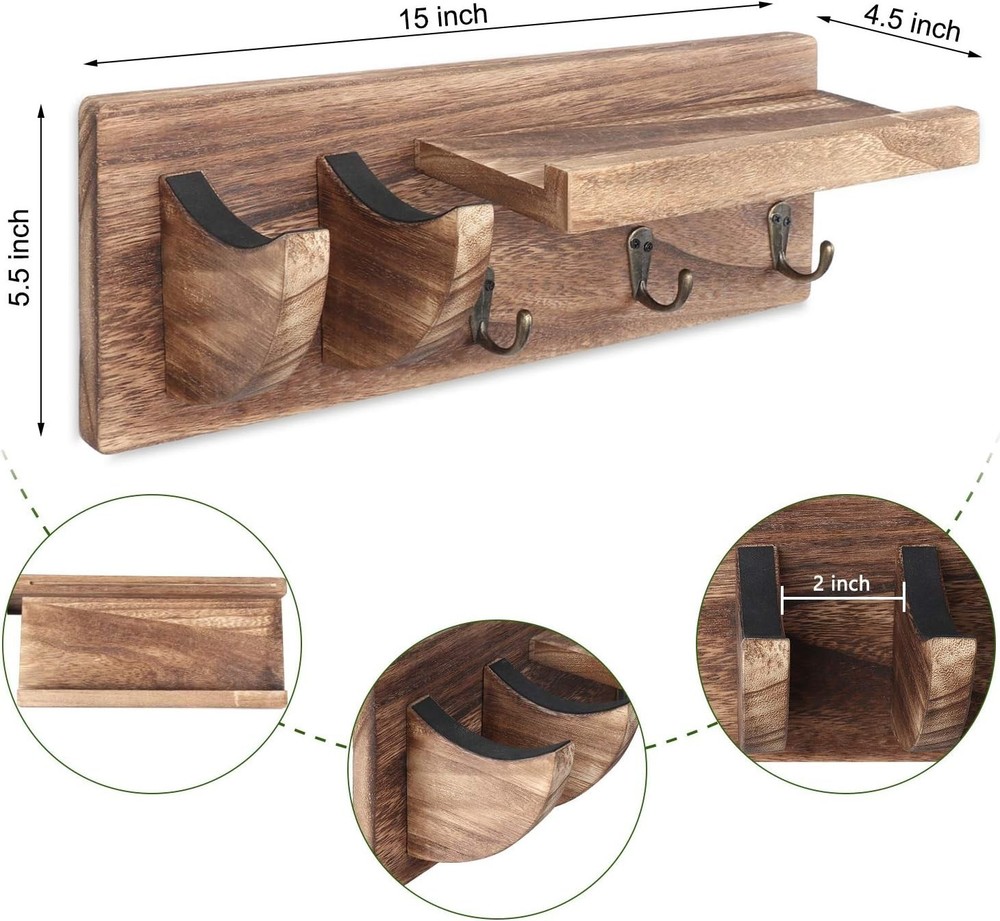 Rustic Wall Mount Guitar Hanger Shelf with Pick Holder & 3 Hooks - Carbonized...