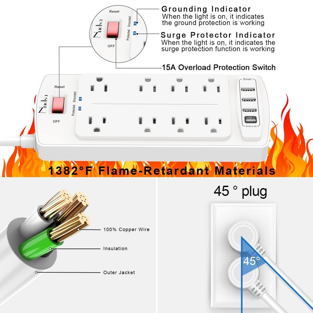 Surge Protector Power Strip - Nuetsa Flat Plug Extension Cord 10 Ft, White