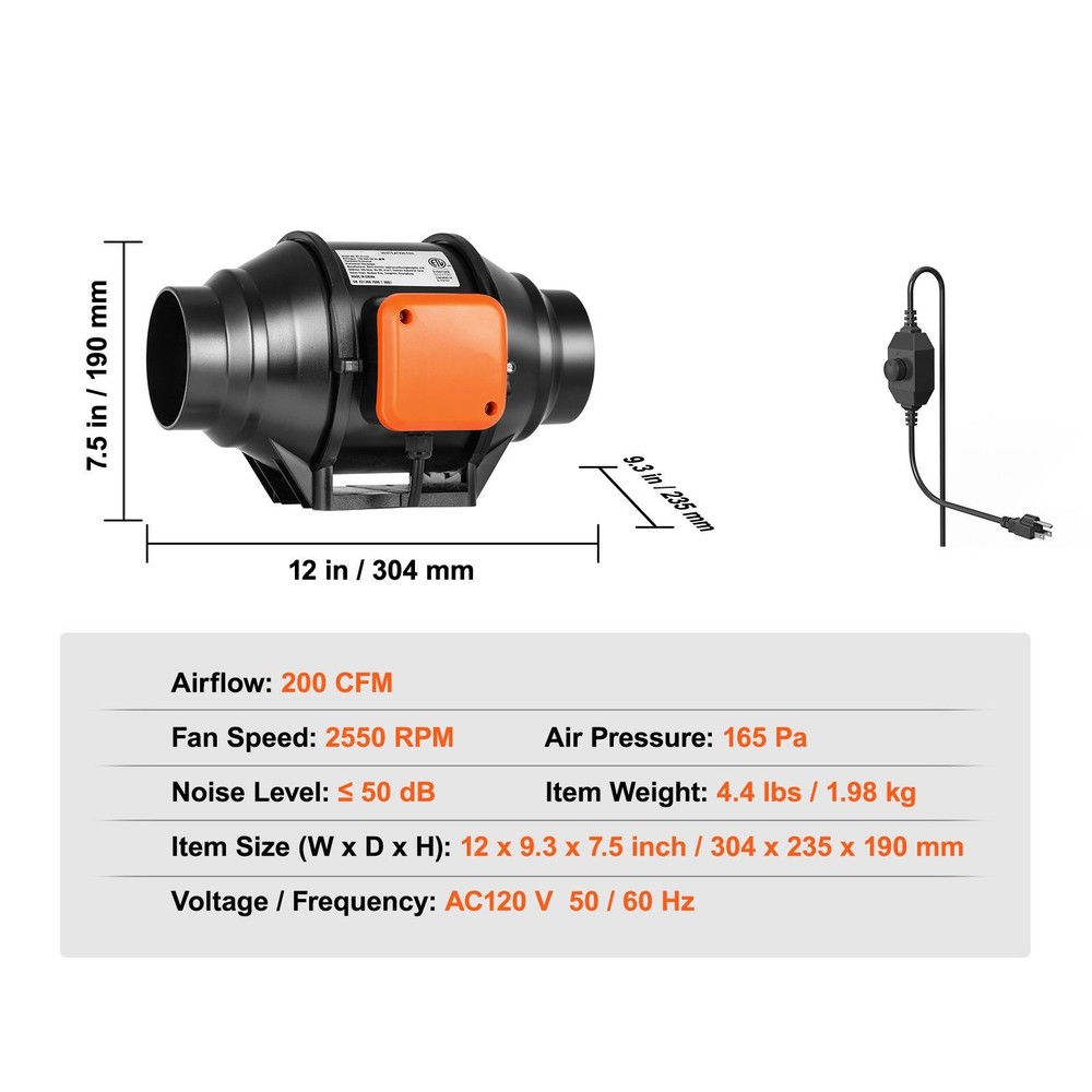 Inline Duct Fan, 4-Inch 200 CFM with Variable Speed Controller, Quiet AC-motor V