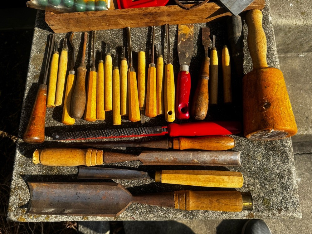 Vintage Wood Tool Chest No.21 w/ Chisels Gouges Mallet Set Rustic Carpenter Kit
