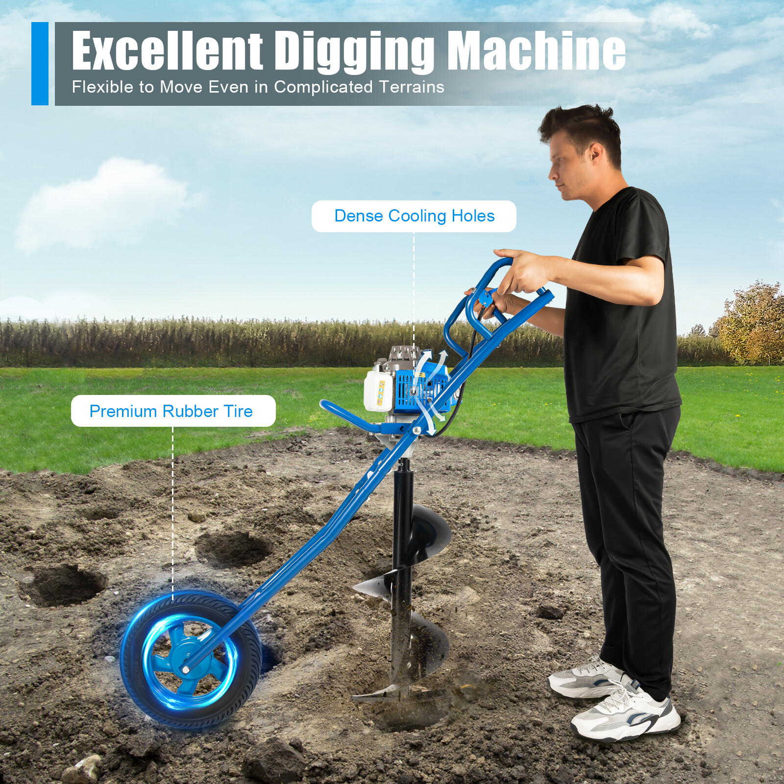 63cc 3hp Gas Powered Post Hole Digger Earth Auger with 12-Inch Bit