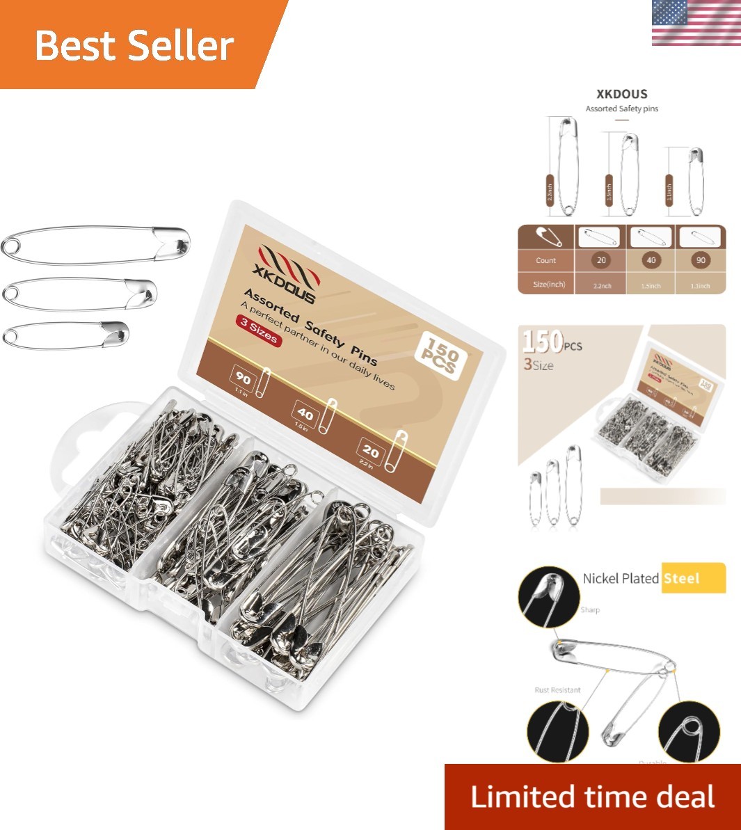 Safety Pins - 150 Pcs Assorted Sizes Silver Pins Bulk - Small & Large Heavy Duty