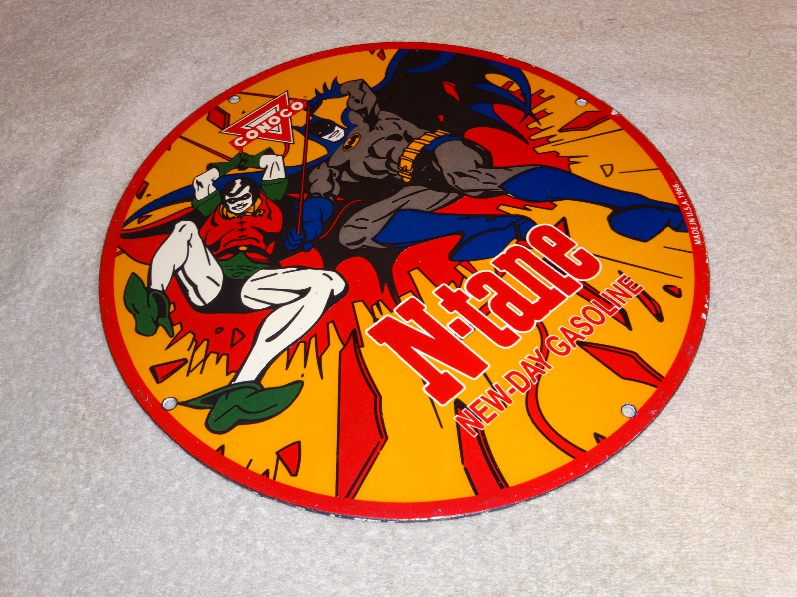 VINTAGE 1966 CONOCO GASOLINE W/ BATMAN & ROBIN 11 3/4" PORCELAIN METAL OIL SIGN!