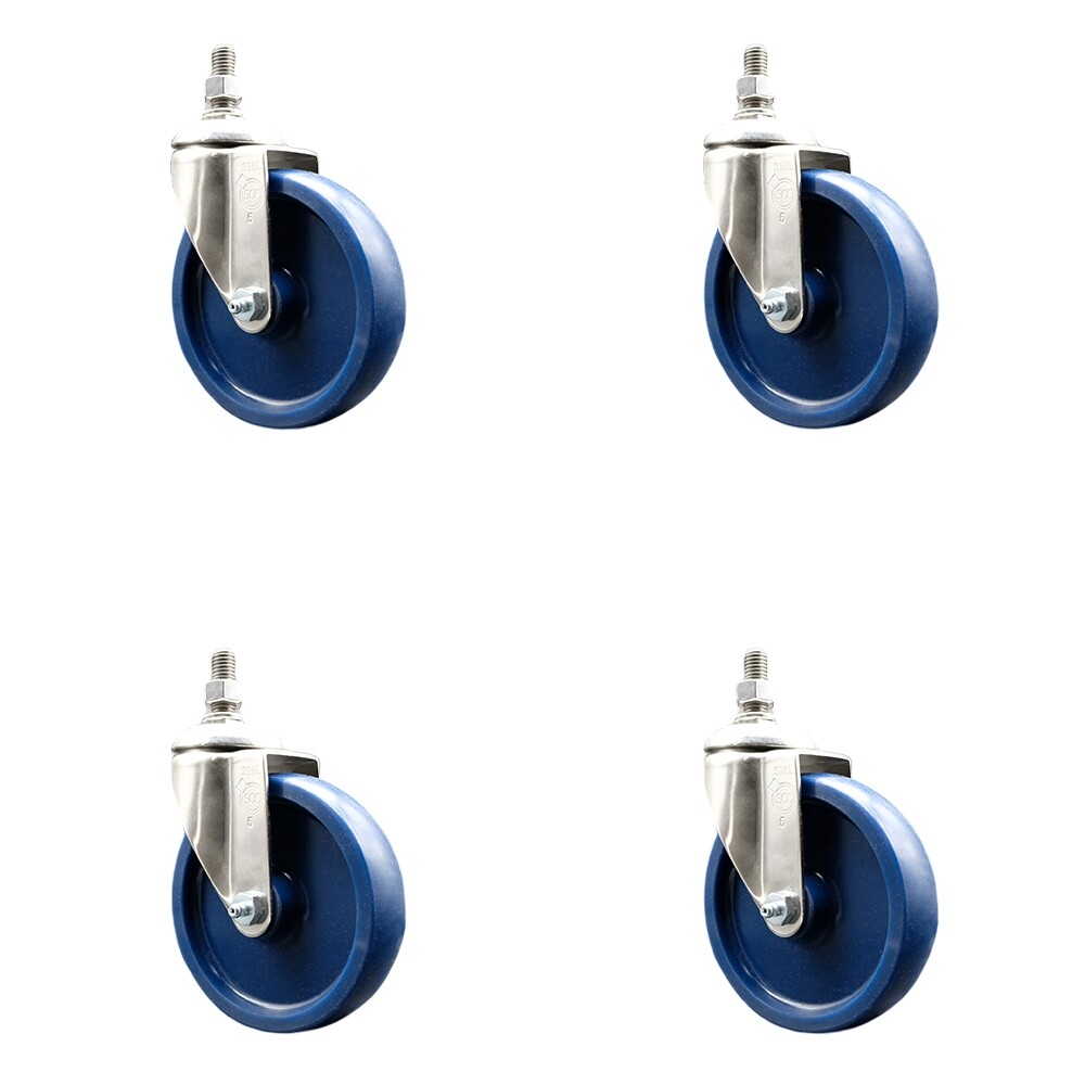 5 Inch 316SS Solid Polyurethane Wheel Swivel 3/8 Inch Threaded Stem Caster Set