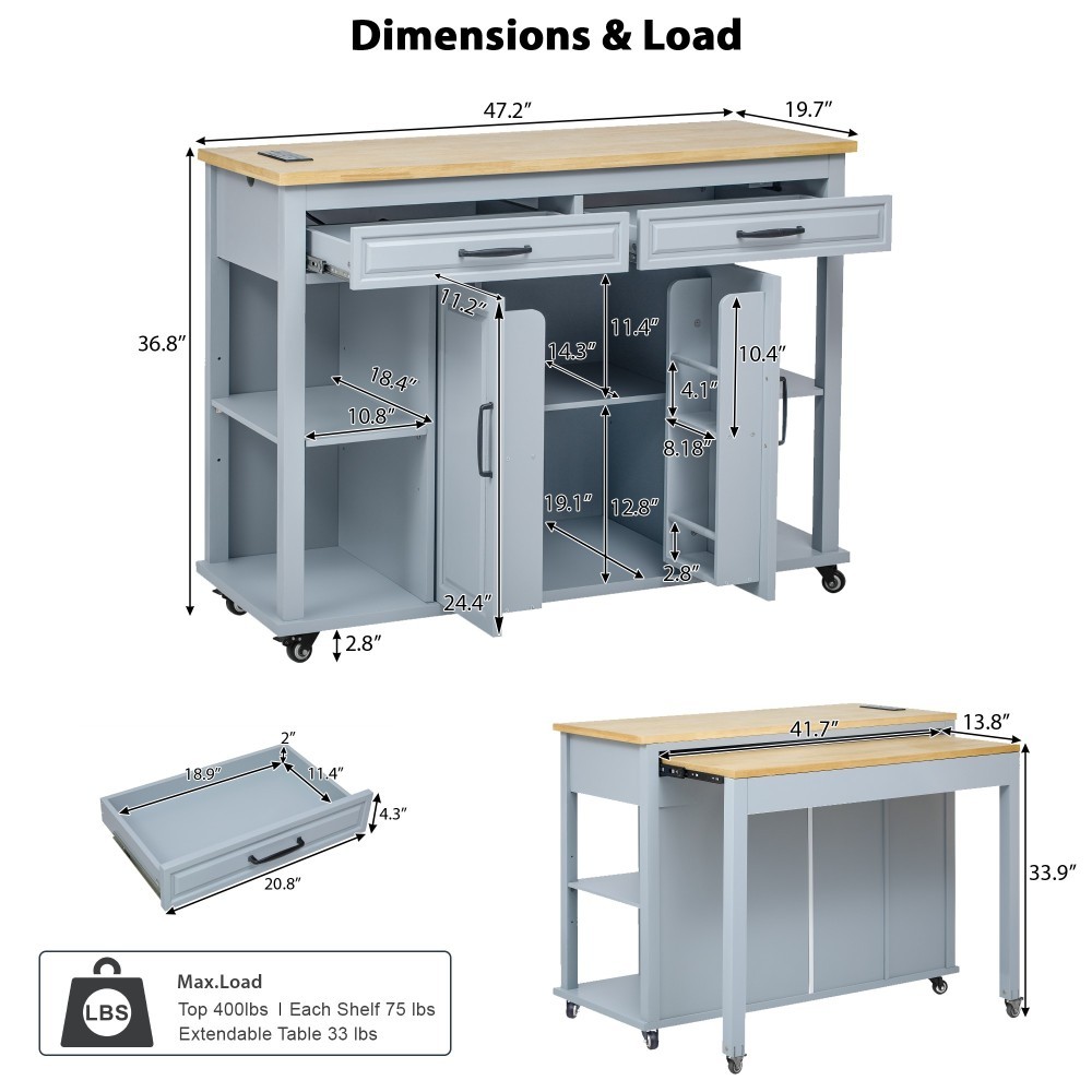 47-inch Kitchen Island w/ Extendable Table, Storage, Outlet - Grey Blue