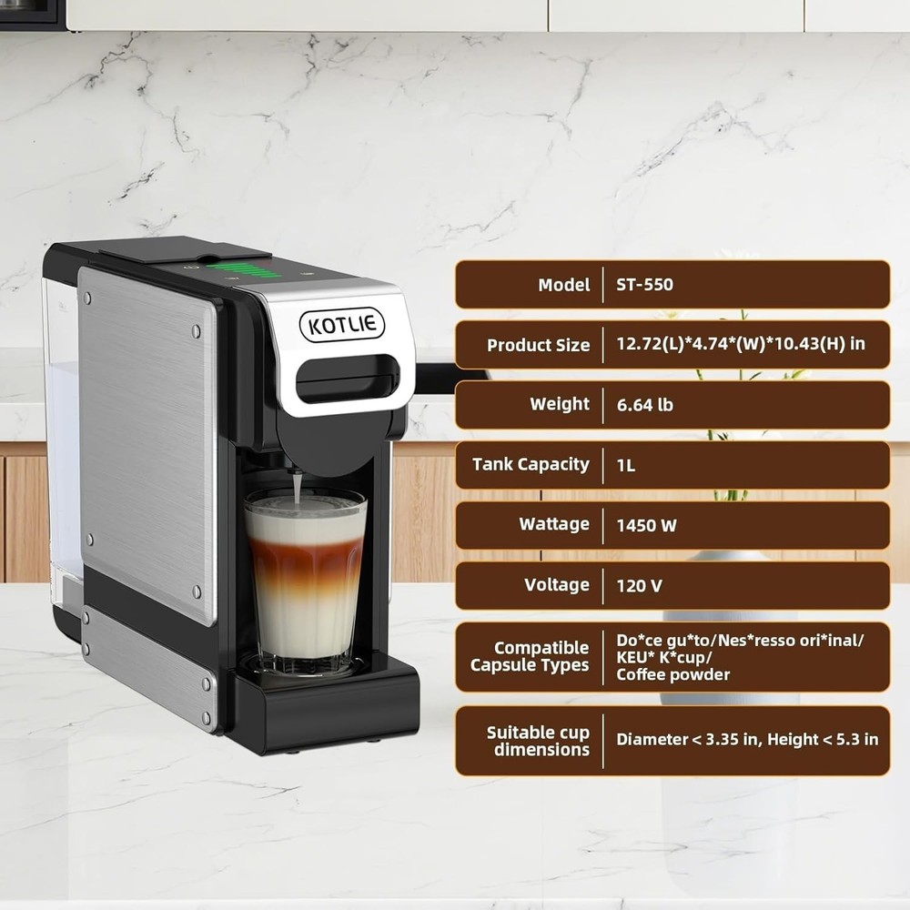 KOTLIE 19 Bar Capsules & Grounds Single-Serve Coffee Maker,Compatible with K*cup