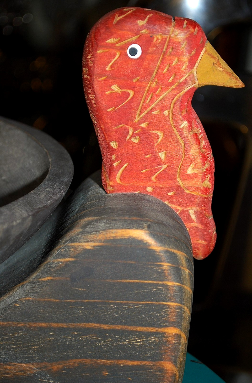 Vtg Hand Carved WOODEN TURKEY BOWL Painted FOLK ART Thanksgiving Centerpiece 14"