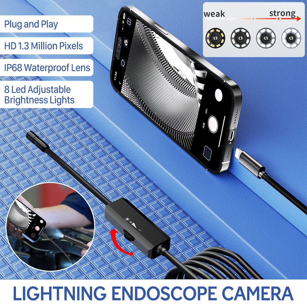 8 LED Light Borescope Endoscope Snake Inspection Camera IP68 for iPhone iPad