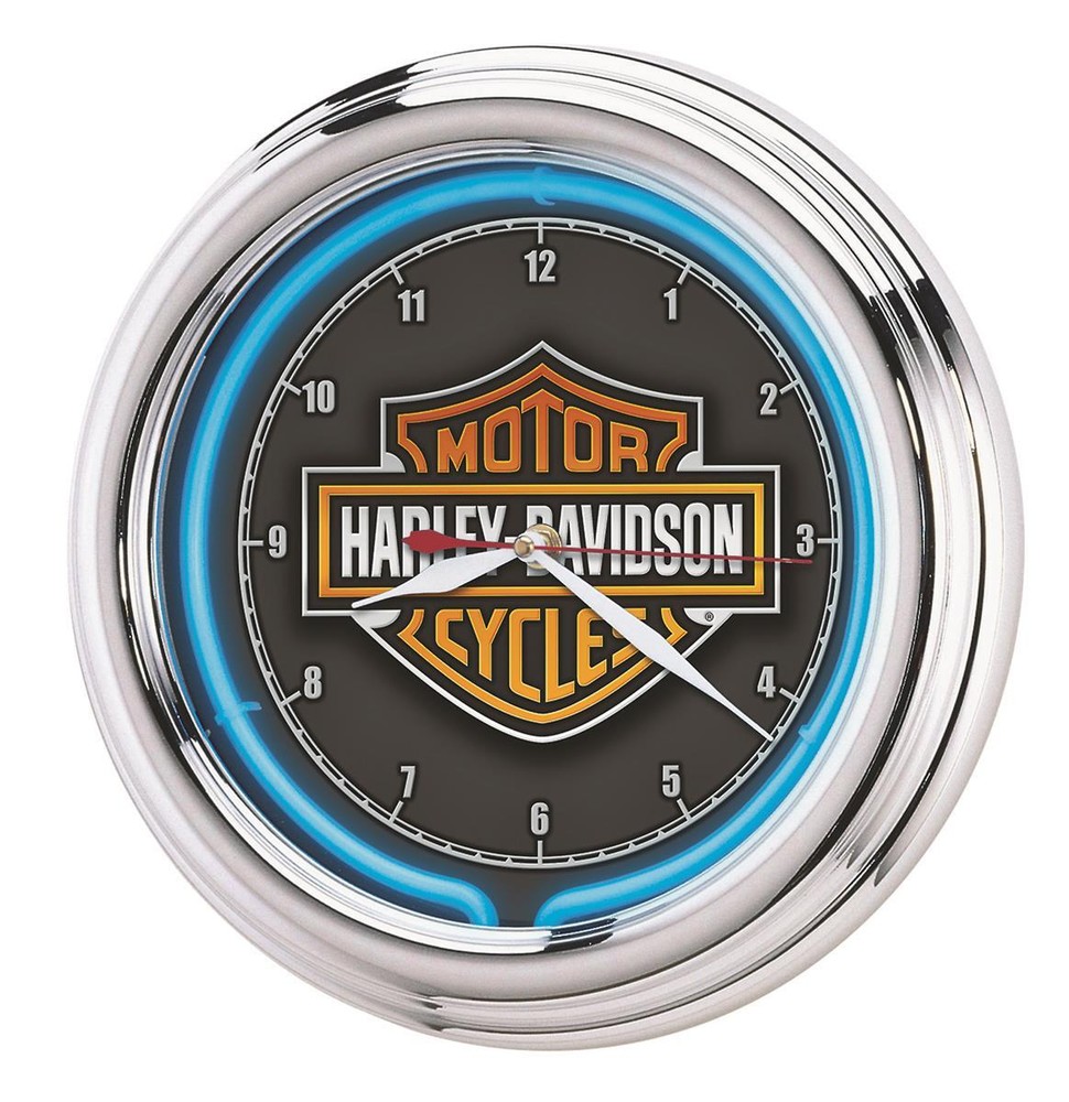 Wall Clock Blue Neon Chrome Housing Harley-Davidson Logo Ea