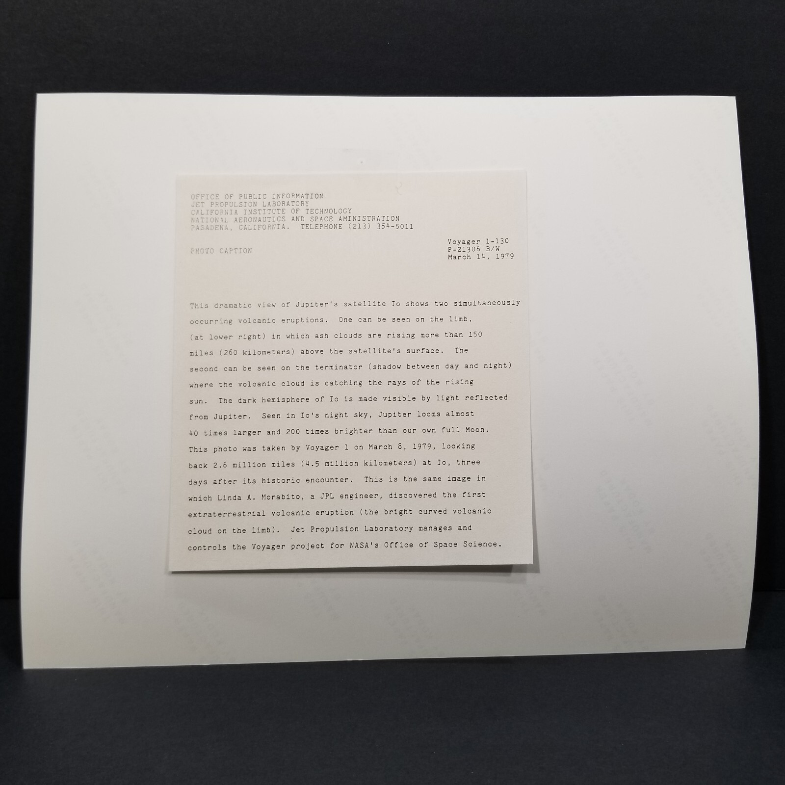 ORIGINAL NASA VOYAGER 1 PHOTO JUPITER'S MOON IO, KODAK PAPER JPL 1979 RARE MINT