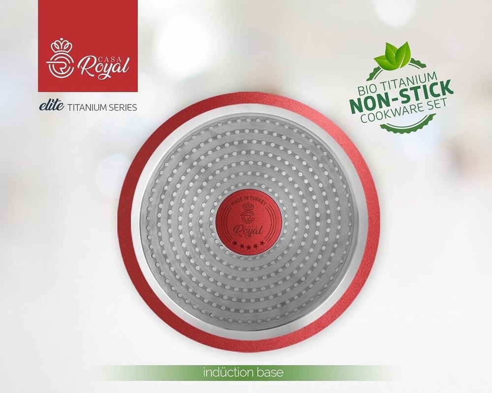 Cookware Set. Elite Bio Titanium Coating. Non-stick. Red color.