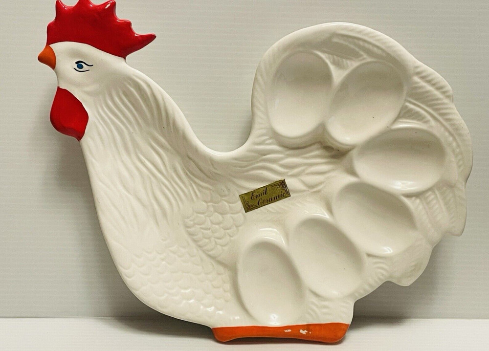 Emil Ceramic Rooster shaped egg holder serving ceramic plate.