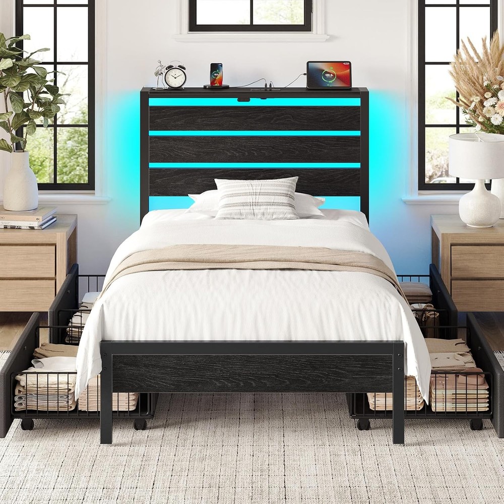 Twin Bed Frame with 4 Drawers LED Lights Charging