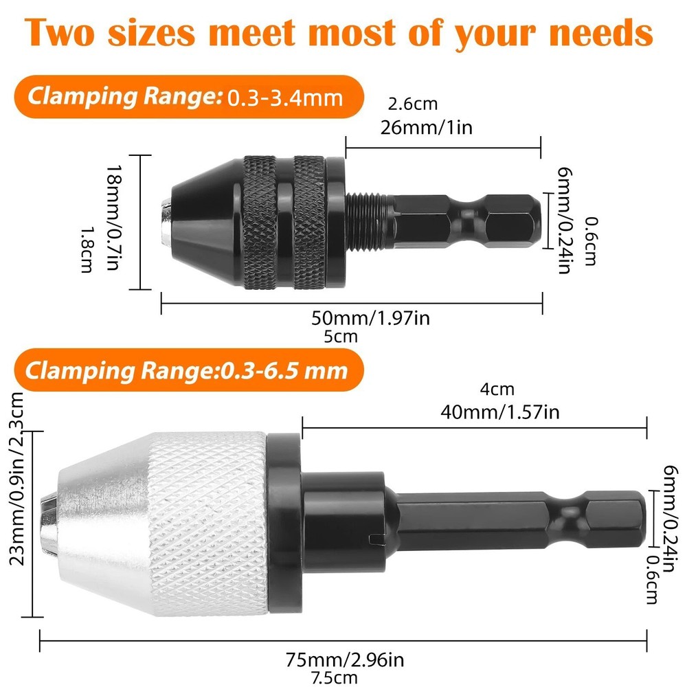 2x Keyless Drill Chuck Adapter 1/4" Hex Shank For Power Screwdriver Quick Change