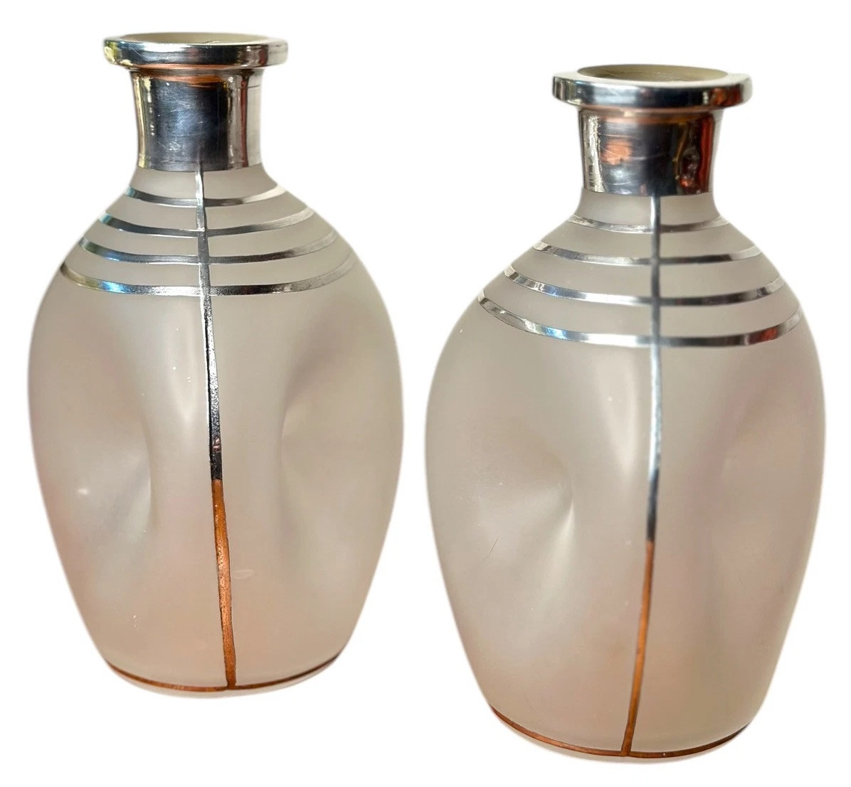 Art Deco Decanters Sterling Silver Overlay Gin Scotch Pair Pinch Bottle Barware