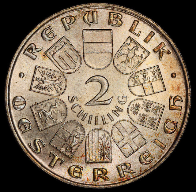 MS62 1932 Austria Seipel Silver 2 Schilling, PCGS Secure- Rainbow Toned