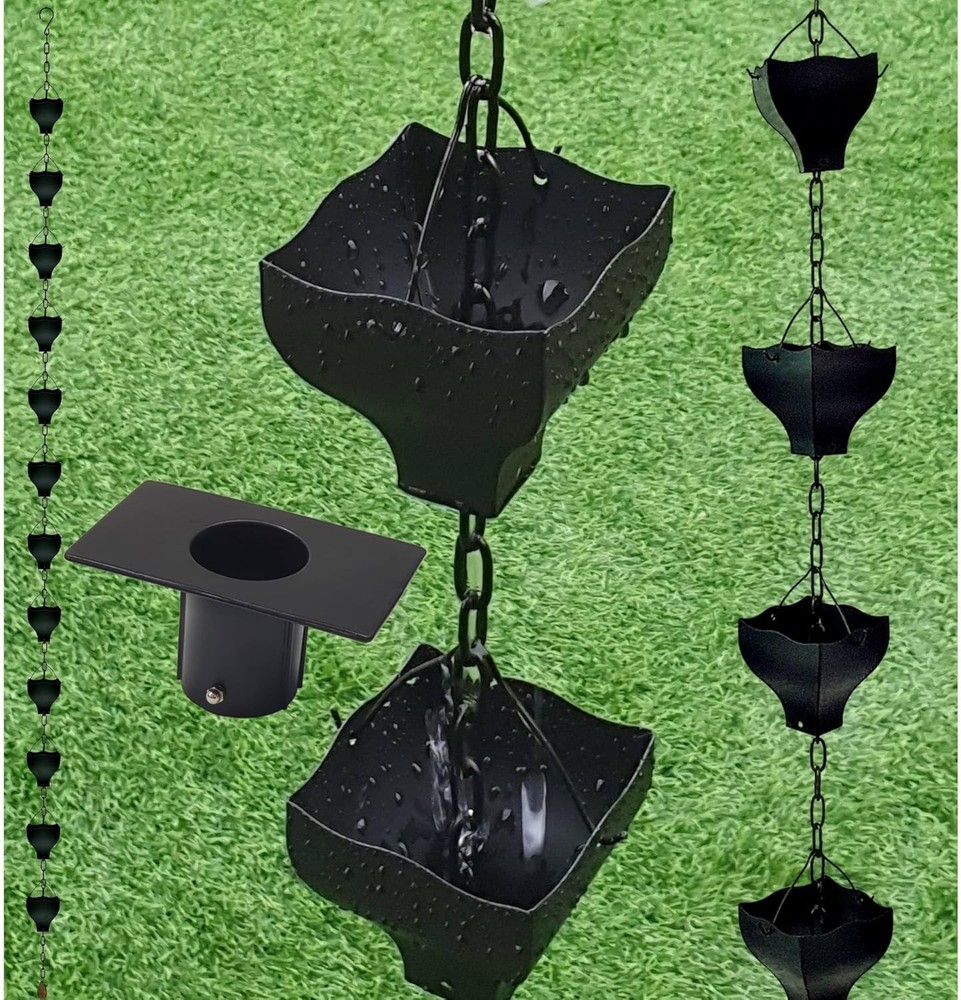 Original 9FT Black Tulip Iron Rain Chains Gutter & Rain Barrel Replacement